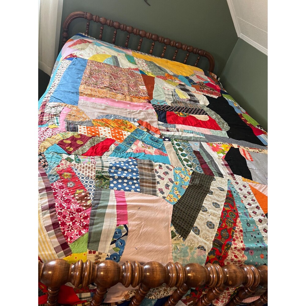 Hand Tied Scrap Crazy Quilt Reverses to Simple Squares
